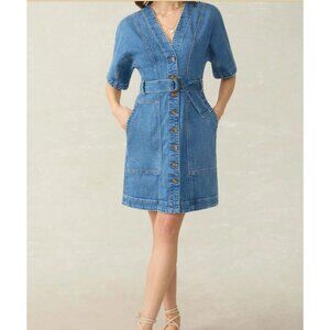 Faherty Denim Camille Mini Dress Size 0 Sedona Blue  Belted Short Sleeve V-Neck